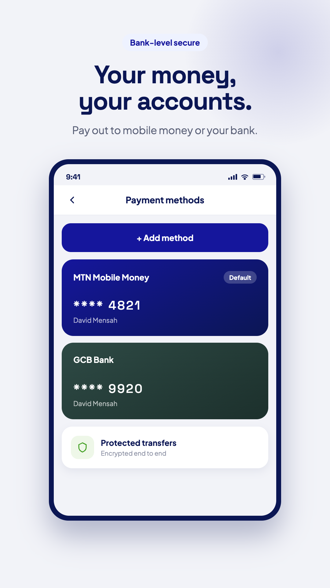 App preview showing connected payment methods